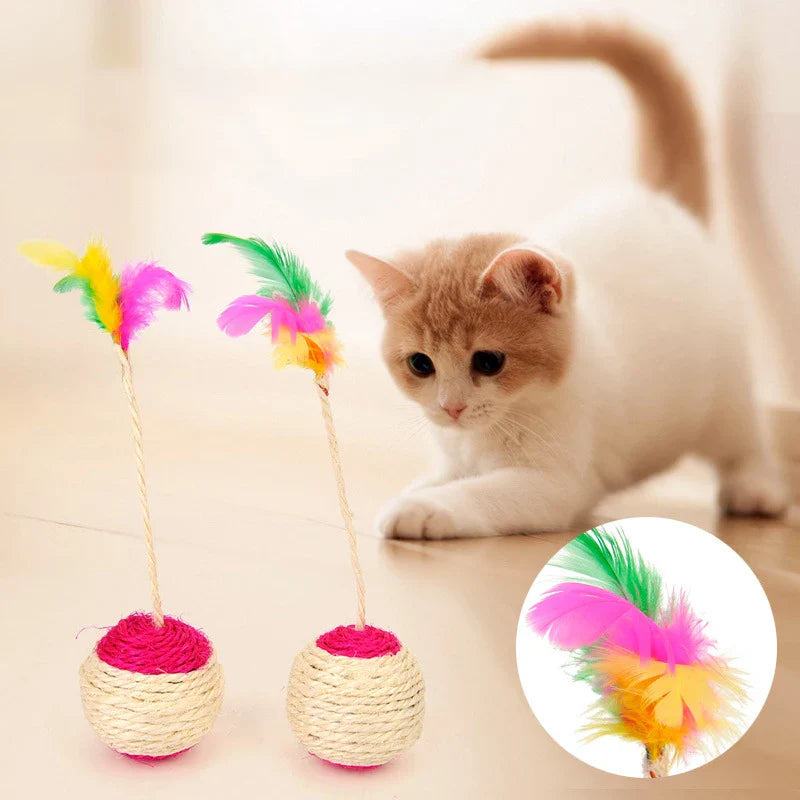 Interactive Sisal Feather Cat Toy Ball, Colorful Claw Grinding Blanket Ball for Kittens and Cats