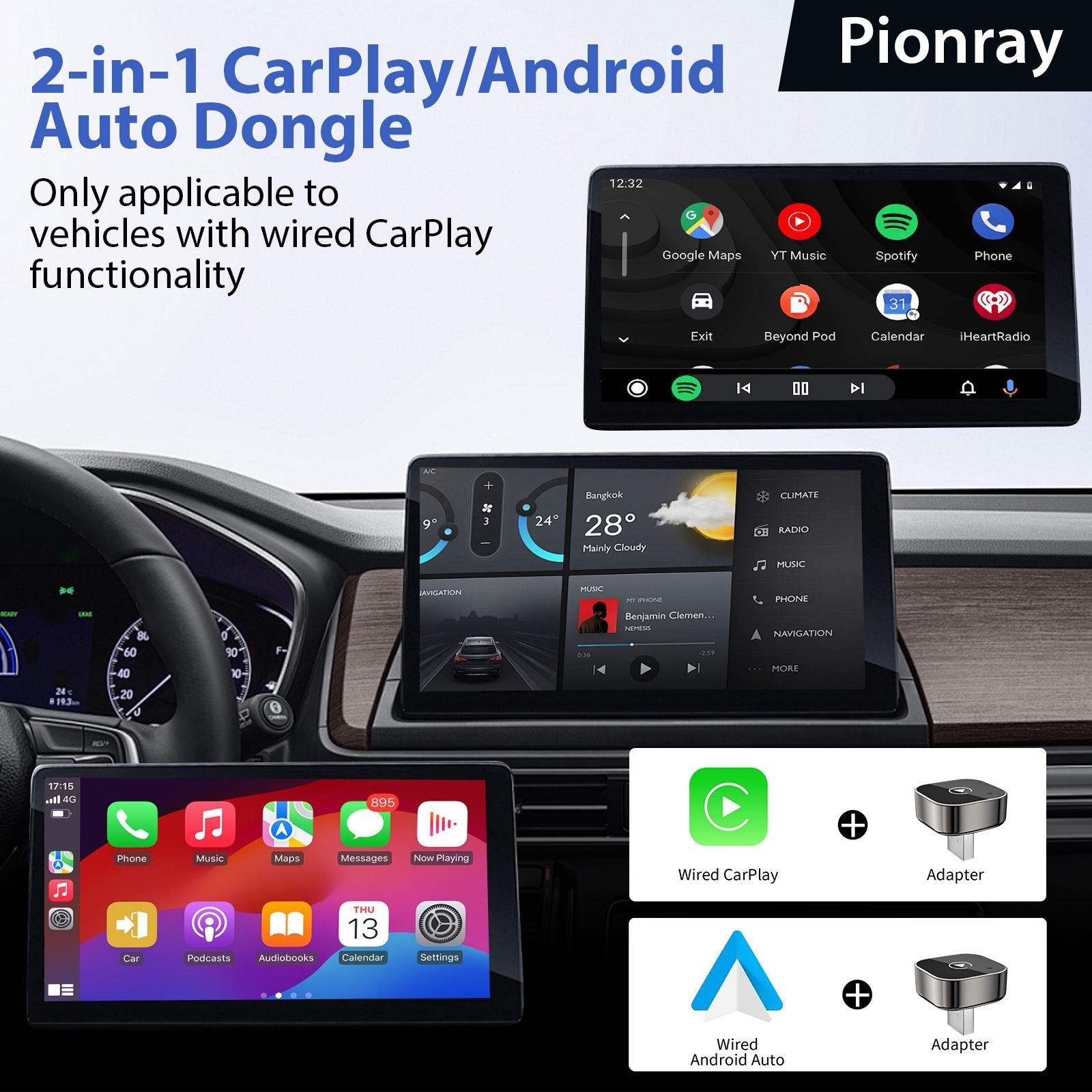 Wireless CarPlay Adapter Pionray 2-in-1